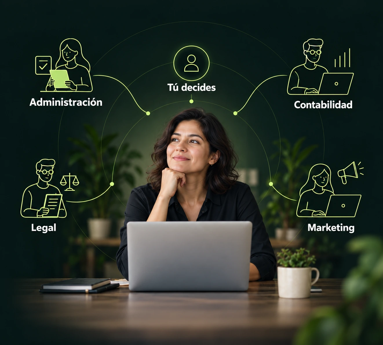 Una persona dirige su negocio con apoyo digital en administración, contabilidad, legal y marketing. Tú decides.